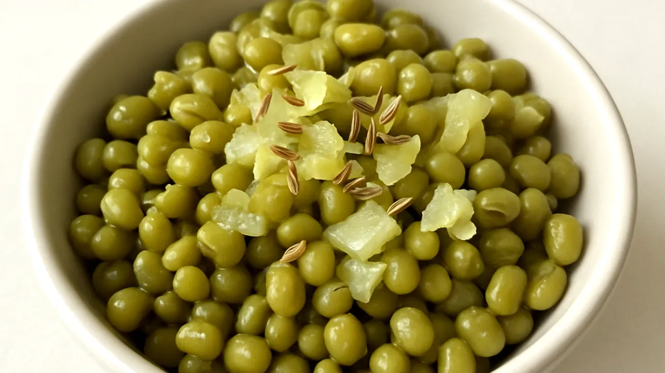 Gekochte Mungbohnen mit gedünstetem Fenchel und Kümmel"