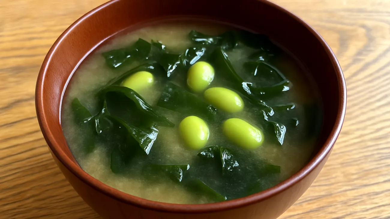 Miso-Suppe mit Wakame-Algen und Edamame"