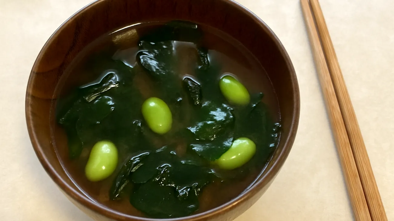 Miso-Suppe mit Wakame-Algen und Edamame"