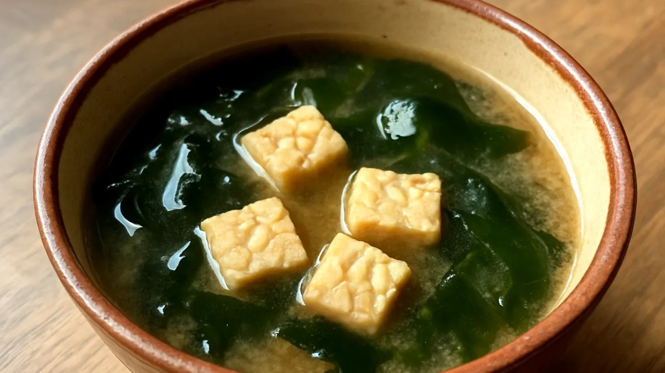 Miso-Suppe mit Wakame-Algen und fermentiertem Tempeh"