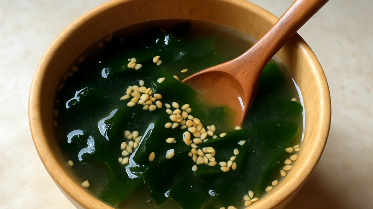 Miso-Suppe mit Wakame-Algen und geröstetem Sesam"